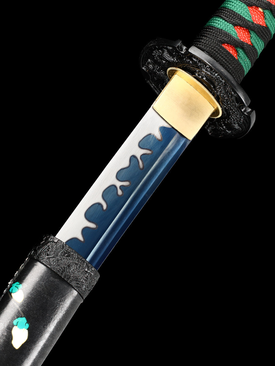 Katana Sword Mud Tempered Manganese Steel True Hamon Handmade Warrior Blade Sharp Handle Rope Green(13)