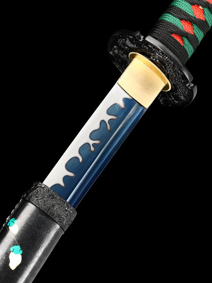 Katana Sword Mud Tempered Manganese Steel True Hamon Handmade Warrior Blade Sharp Handle Rope Green(13)