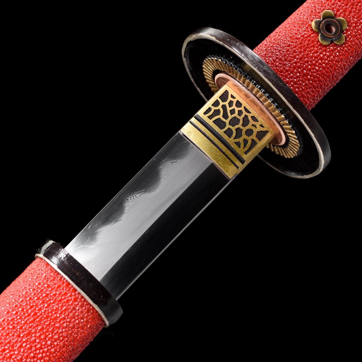Damascus Steel Covered Earth Burning Blade Warrior Sword, with Handmade Fish Skin Sheath Body and Red Sheath--S2074