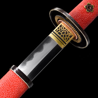 Damascus Steel Covered Earth Burning Blade Warrior Sword, with Handmade Fish Skin Sheath Body and Red Sheath--S2074