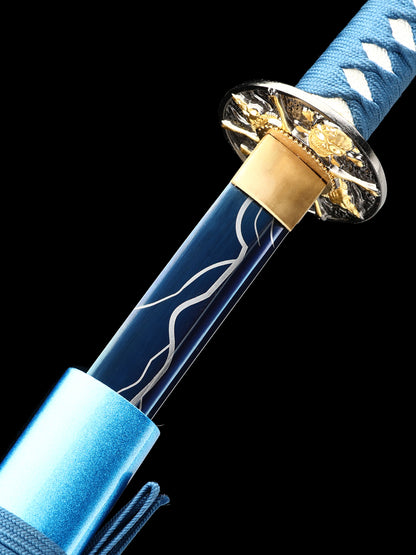 (63)Handmade authentic Japanese Samurai Sword 1060 steel grilled blue with blue sheath dreamlike style