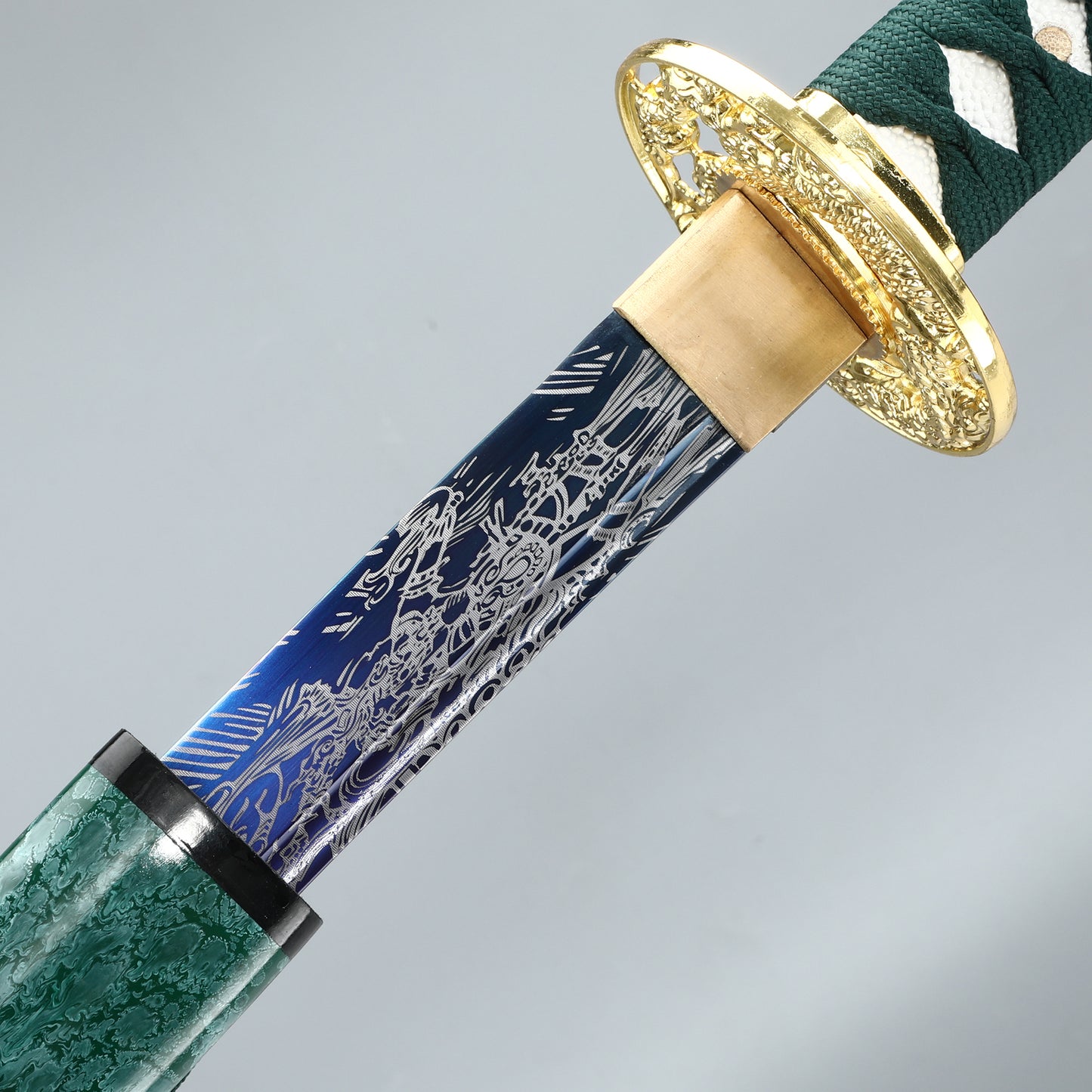 (40) Handmade authentic Japanese Samurai Sword 1060 steel baked blue with green Saya