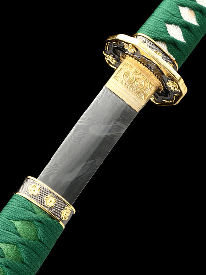 Handmade Damascus Steel Samurai Sword with Green Sheath Decoration Collection
