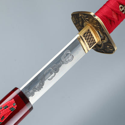 Japanese Samurai Sword Katana Carbon Steel Blade Dragon Engraved Wooden Sheath red