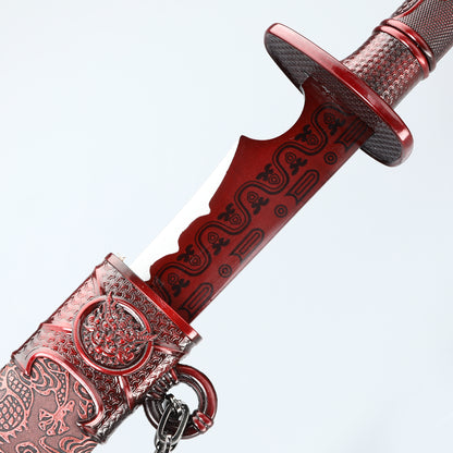Chinese Tang knife made of 1095 steel, red gear with dragon pattern sheath