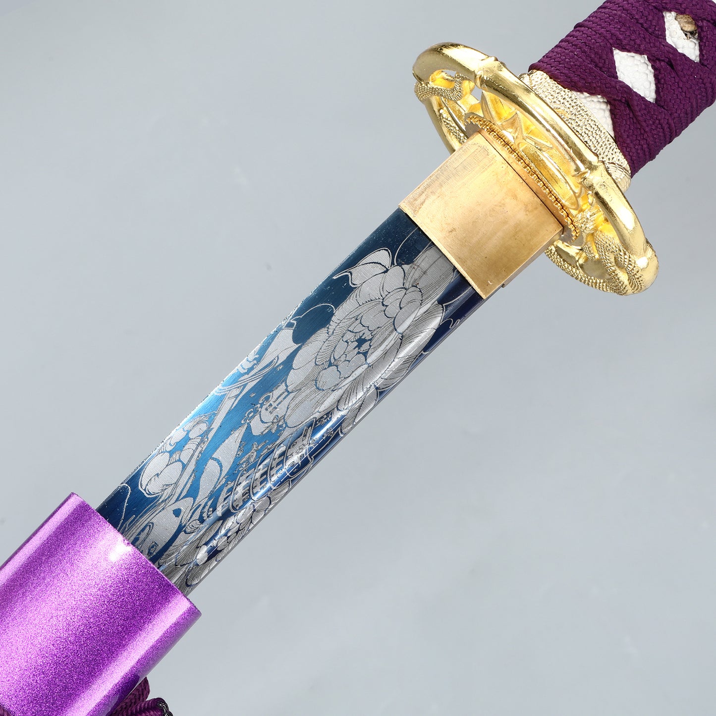 (28)Handmade authentic Japanese Samurai Sword 1060 steel baked blue with purple sheath