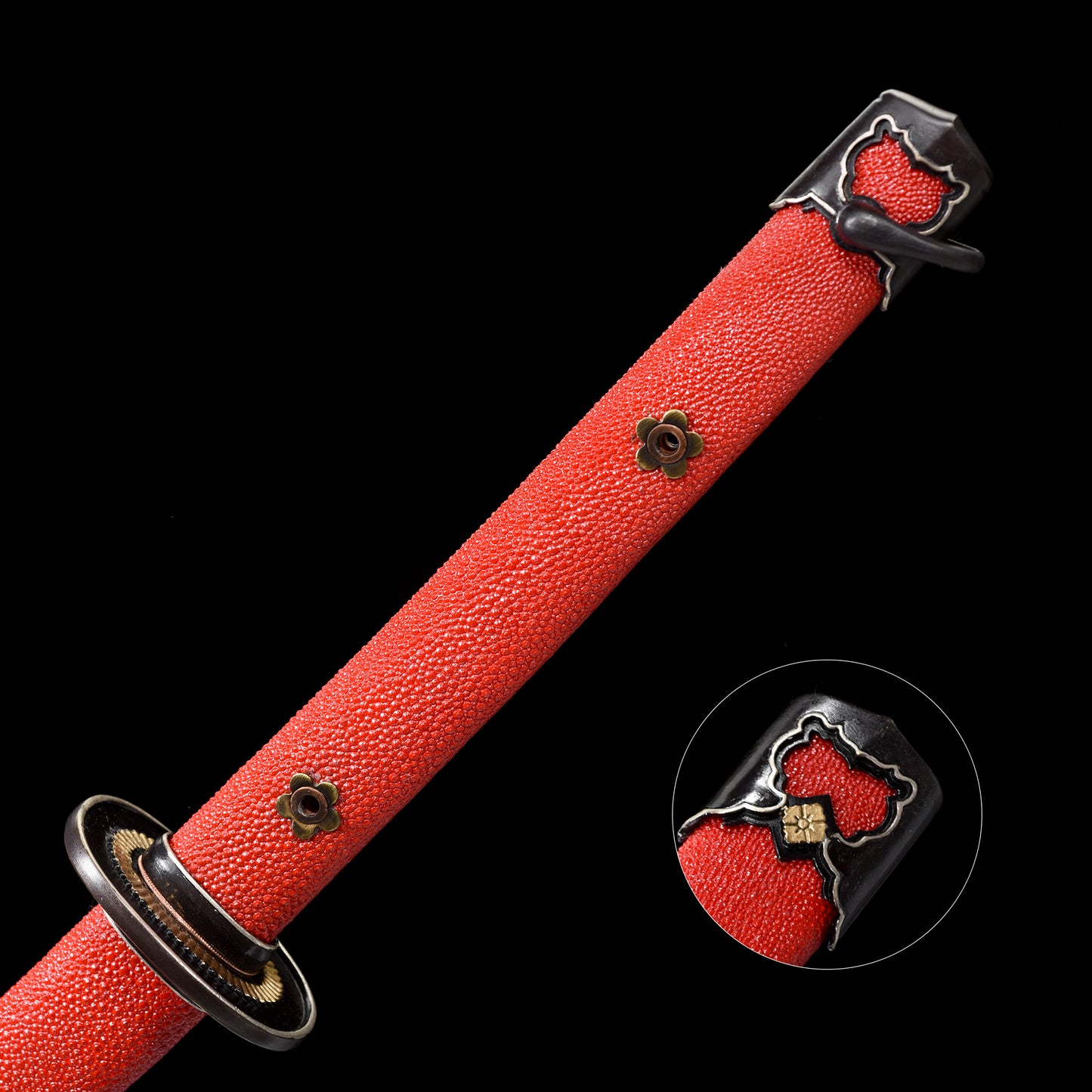 Damascus Steel Covered Earth Burning Blade Warrior Sword, with Handmade Fish Skin Sheath Body and Red Sheath--S2074