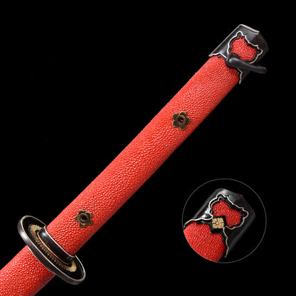 Damascus Steel Covered Earth Burning Blade Warrior Sword, with Handmade Fish Skin Sheath Body and Red Sheath--S2074