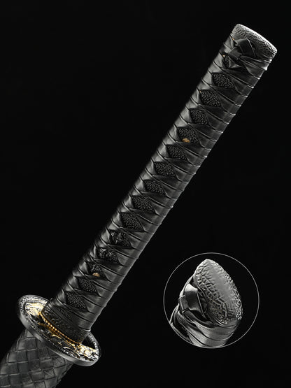 (33)Authentic Japanese Samurai Sword 1060 steel grill black with leather sheath perfect combination