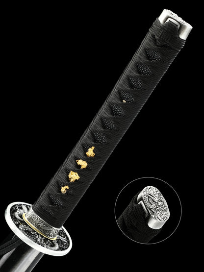Handmade Japanese Katana Sword T10 Folded Clay Tempered Steel Real Hamon Dragon Elementals(12)