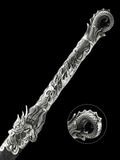 Dragon alloy handle, long knife, machete, 1095 steel, handmade, collectible, decorative knife
