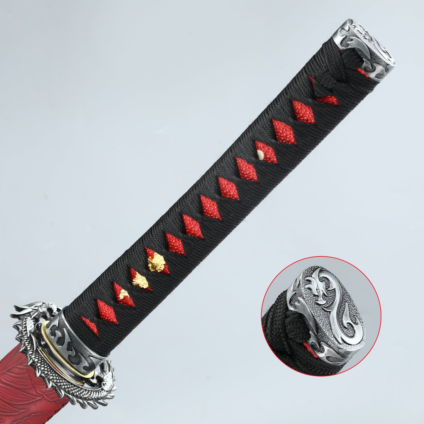 (64) Hand-made authentic Japanese Samurai sword hundred chain pattern steel baked red