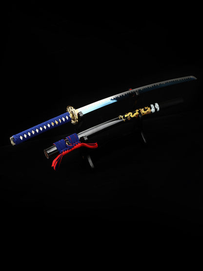 Handmade Japanese Katana Sword High Manganese Steel With Blue Blade And Scabbard