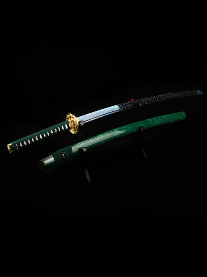 Handmade authentic Japanese Samurai Sword 1060 steel baked blue with green Saya(40)