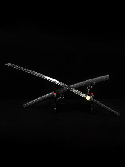 (33)Authentic Japanese Samurai Sword 1060 steel grill black with leather sheath perfect combination