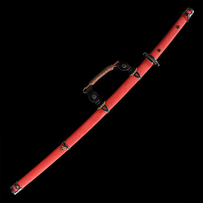 Damascus Steel Covered Earth Burning Blade Warrior Sword, with Handmade Fish Skin Sheath Body and Red Sheath--S2074