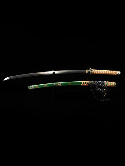 Japanese samurai sword with green scabbard