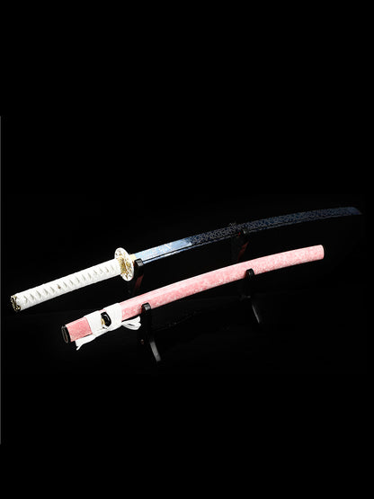 (32) Handmade authentic Japanese Samurai Sword 1060 steel baked blue with pink Saya