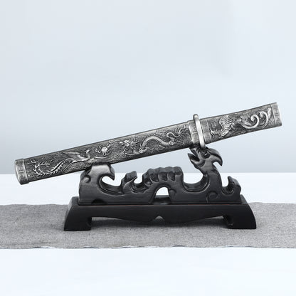 Decorative Collection Dragon Phoenix Play Pearl Short Knife Grey Alloy Sheath High end Gift