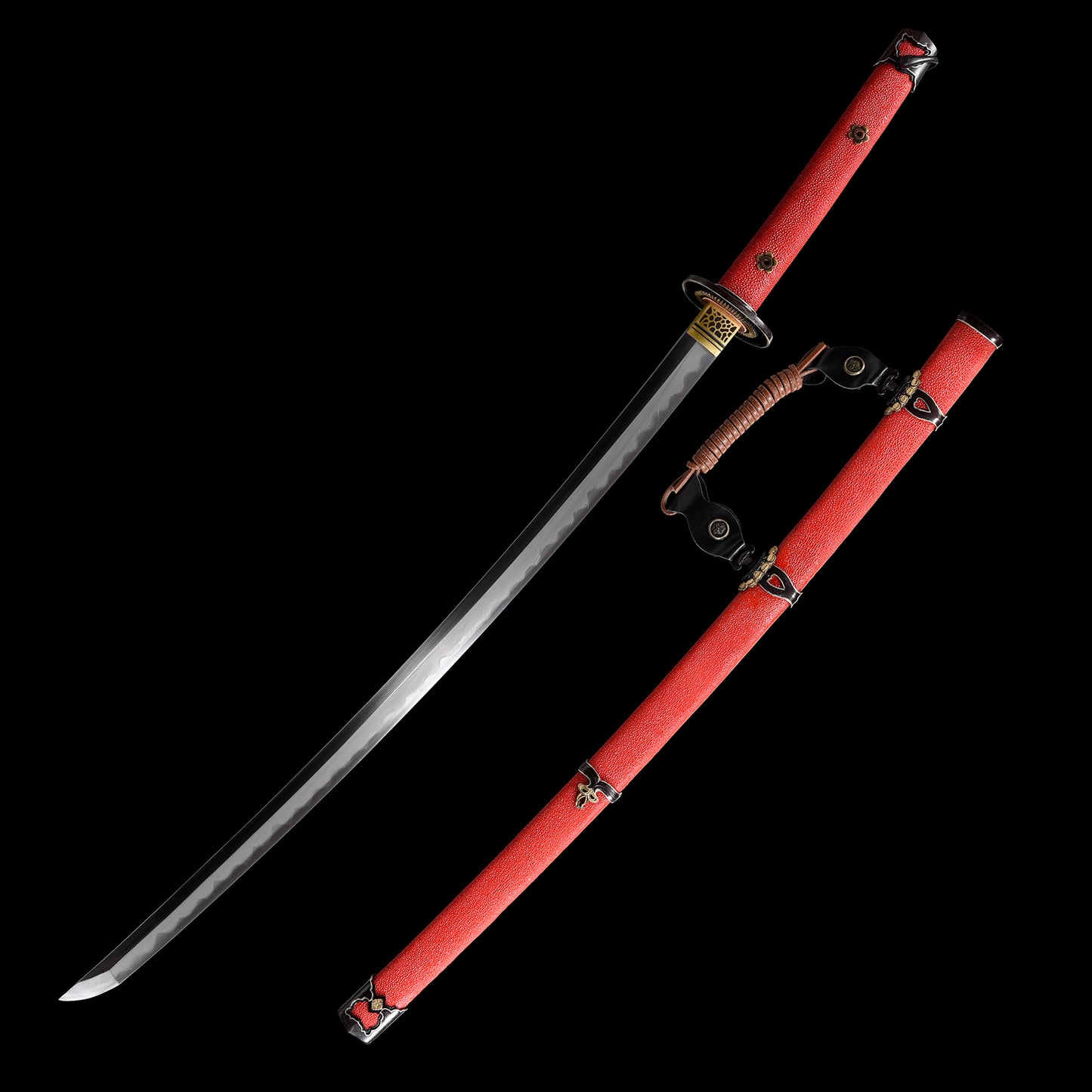 Damascus Steel Covered Earth Burning Blade Warrior Sword, with Handmade Fish Skin Sheath Body and Red Sheath--S2074