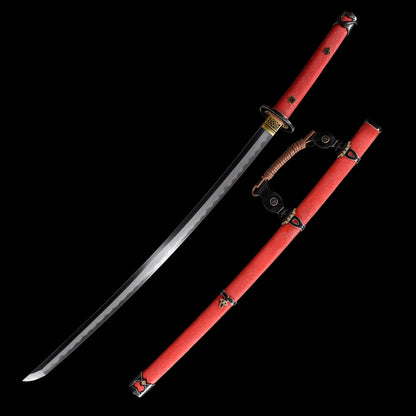 Damascus Steel Covered Earth Burning Blade Warrior Sword, with Handmade Fish Skin Sheath Body and Red Sheath--S2074