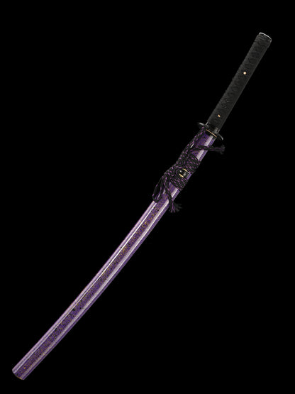 Handmade Japanese samurai sword with Damascus steel folding pattern, exquisite large lacquer sheath in blue(15