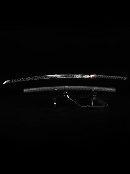 (33)Authentic Japanese Samurai Sword 1060 steel grill black with leather sheath perfect combination