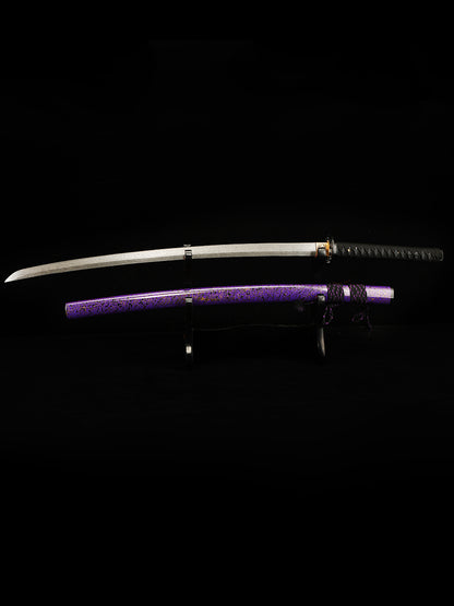 Handmade Japanese samurai sword with Damascus steel folding pattern, exquisite large lacquer sheath in blue(15